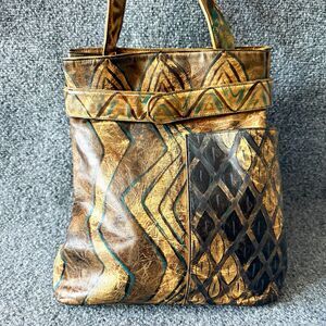 Jane Yoo Metallic Geometric Shoulder Bag Medium Brown/Gold Zip Pockets Strap
